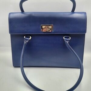 Kate Spade New York Blue Leather Structured Satchel Tote Handbag Lock Closure